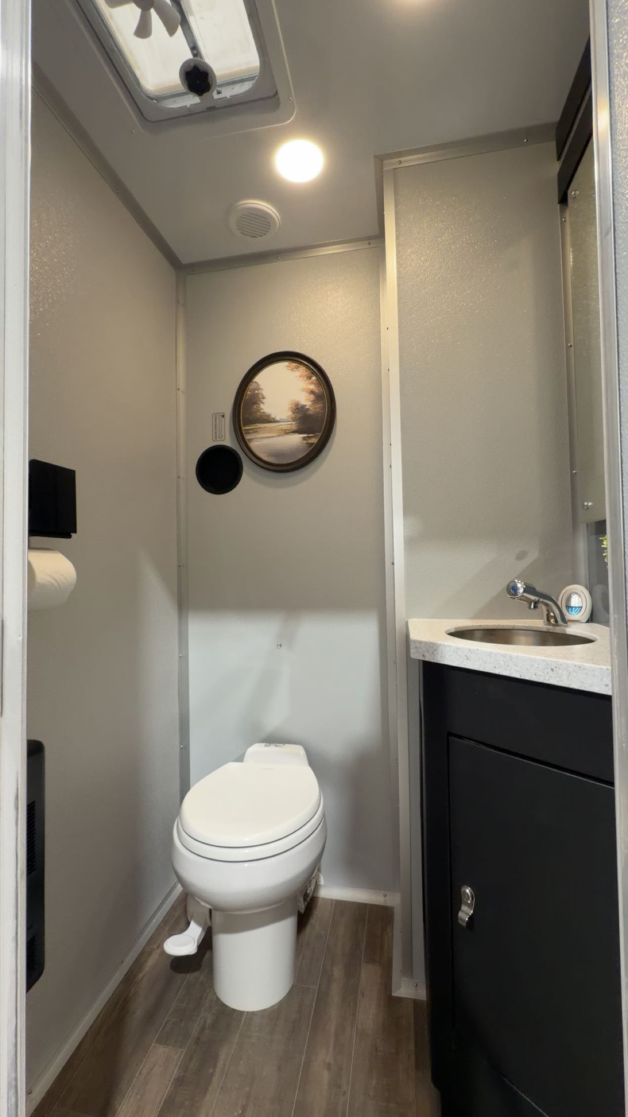 Bright restroom suite with sink, mirror and flushing toilet